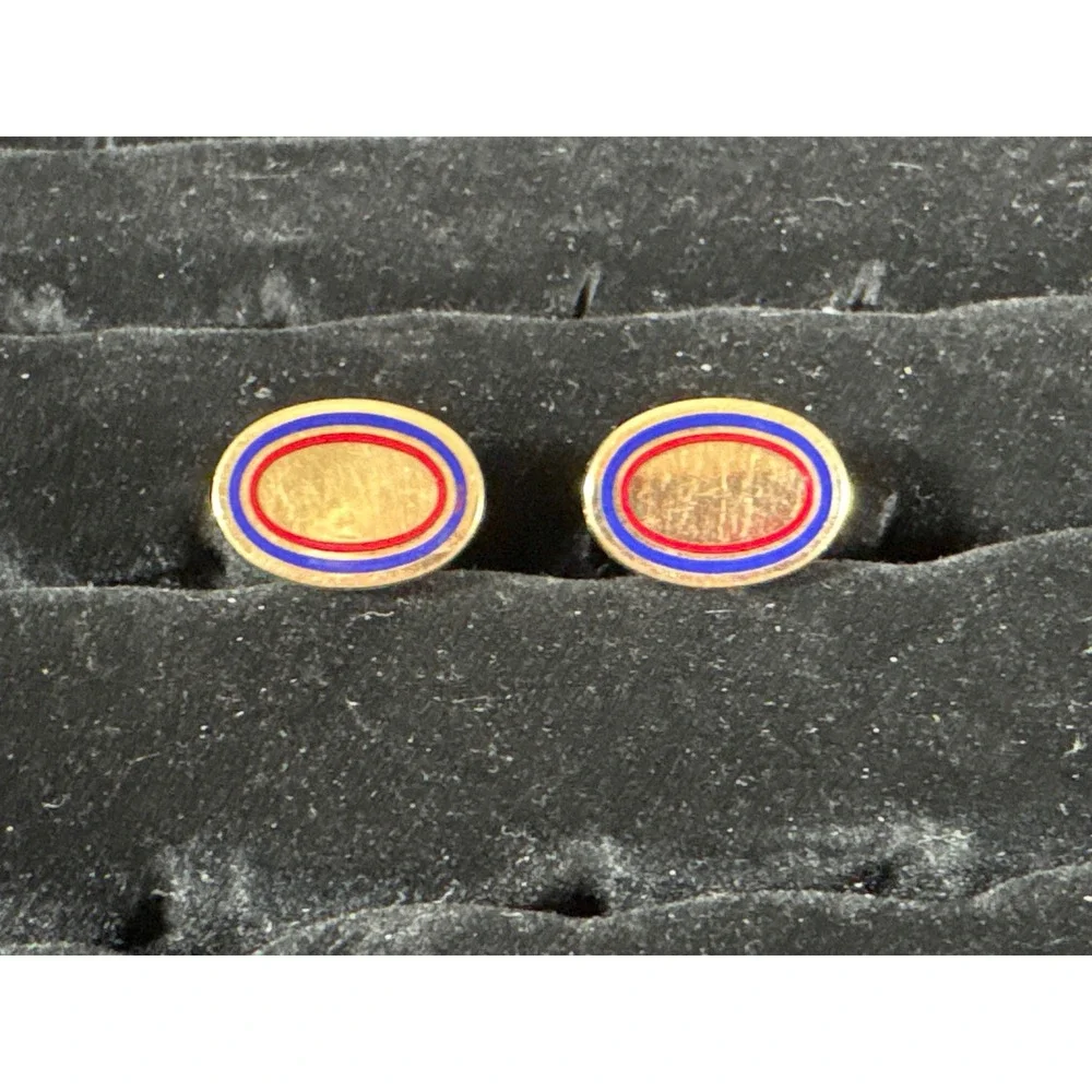 Vintage Gold Tone Oval Cufflinks Red Blue Enamel Concentric Rings Bullet Back